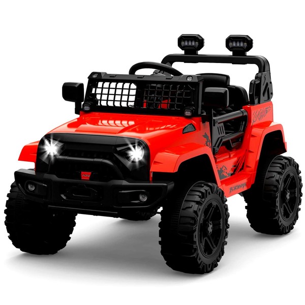 Jojoka Ride Truck Electric Ride on Car with Remote Control, Spring Suspension, LED Lights, Bluetooth, 2 Speeds, Ride on Toys for Kid Aged 3-8 (Red)