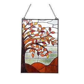 Chloe Lighting Autumnal Floral-Style Black Finish 24" Tall Stained Glass Window Panel, Multi-Colored