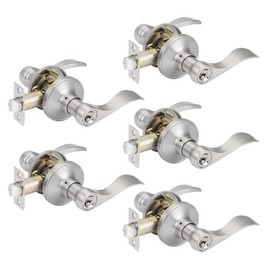Probrico Keyed Alike Entrance Door Levers Knob, Exterior Door Handle with Same Keys, Wave Style Entry Door Lockset Stainless Steel, Stain Nickel, 5 Pack