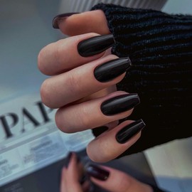 KQueenest Black Press On Nails Almond Short Ballerina, Jelly Gel Coffin Nails for Sticking Short, Shiny Fake Nails Fingernails for Sticking, Simple Acrylic Nails for Women Manicure, Pack of 24