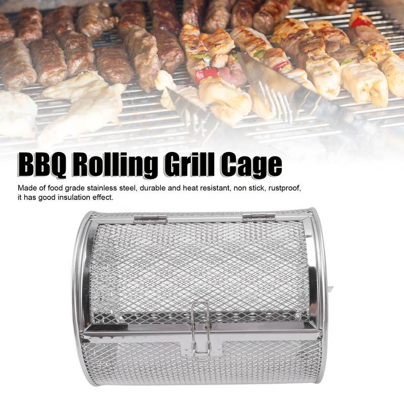 Rolling Grilling Basket Stainless Steel Grill Cage Round Stainless Steel