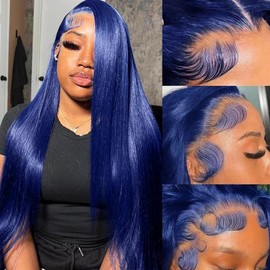 Long 32 Inch Blue Lace Front Wigs Human Hair Straight 13X6 Hd Transparent Dark Blue Lace Front Wig Human Hair Wear and Go Glueless Navy Blue Wig Pre Plucked with Baby Hair Frontal Wigs for Black Women