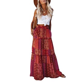 EARKOHA Womens Casual High Waist Tie Paisley Print Long Maxi Skirt with Pockets Red-1 L