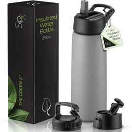 SipX™ Triple-Insulated Stainless Steel Water Bottle 25oz. With 3 Lids, BPA-Free Reusable Insulated Water Bottle Keeps Cold 24 Hours, Metal Water Bottle Made Of Sustainable Material For Hiking & Biking