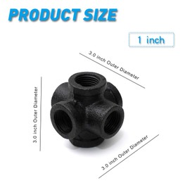 1" Black 6-Way Side Outlet Tee, Home TZH Malleable iron Pipe Fittings for Industrial vintage style, Flanges with Threaded Hole for DIY Project/Furniture/Shelving Decoration (4, 1"(Black Painted))