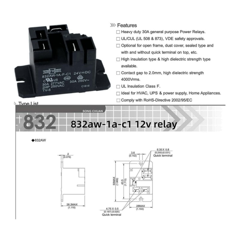 4-Pack 832AW-1A-F-C1 12VDC 832AW 1A C1 12V 30A 4-Pin Normally