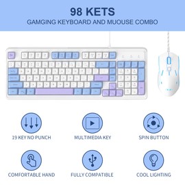 MageGee RGB Gaming Keyboard and Mouse Combo, GK980 Wired Backlit Keyboard and Pink Gaming Mouse Combo,PC Keyboard and Adjustable Mouse Sensitivity for PC/loptop/MAC(Blue White Purple)