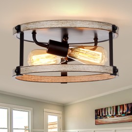 2 Light Farmhouse Flush Mount Ceiling Light,Black Metal+White Wood-Look Finish Industrial Round Ceiling Light Fixtures, Rustic Drum Ceiling Lights for Hallway, Entryway, Kitchen, Bedroom and Porch Etc