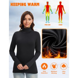 Kinglaman 1 Pack Turtleneck Thermal Shirts for Women, Turtle Neck Long Sleeve Fleece Lined Base Layer Underwear Tops 1 Black Large