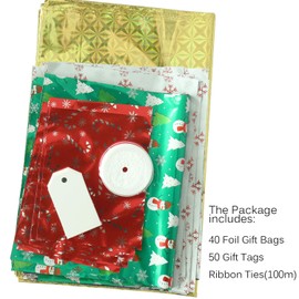 WesGen Christmas Gift Bags, 40Pcs Santa Wrapping Gift Bag in 4 Sizes and 4 Designs, with Ribbon Ties and Tags