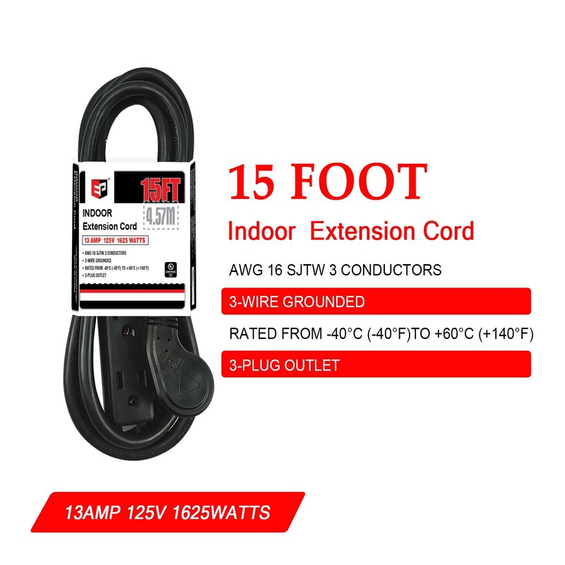 EP Cable de extensión de enchufe plano de 15 pies,