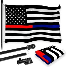 G128 Combo Pack: 6 Feet Tangle Free Spinning Flagpole (Black) Thin Blue and Red