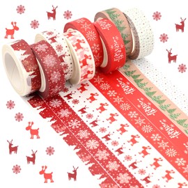 8 Rolls Christmas Washi Tape Set Snowflake Deer Reindeer Decorative Tape Multi-Pattern Scrapbooking Sticker Xmas Tree Washi Masking Tapes Holiday Paper Tape Craft Supplies for Gift Wrapping Journals