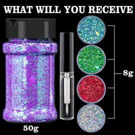 Holographic Chunky Glitter 50g Magic Purple+8g*4 Body Glitter with Multi-Shapes Silver+Red+Green+Turquoise Sparkle Glitter for Body Face Eye Hair Makeup Glitter for Resin+Quick Dry Makeup Glue