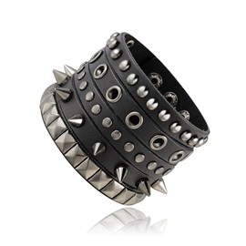 MILAKOO Punk Goth Bracelet Multi Layers Spikes PU Leather Bracelet for Men Women Rock Biker Wide Strap Belt Cuff, Faux Leather, No gemstone