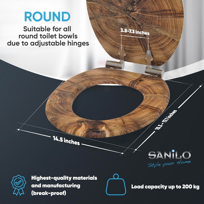 SANILO Wooden Toilet Seat with Soft Close [ROUND] - Decorative,