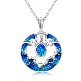 SHINYKEND Blue Opal Turtle Necklace, 925 Sterling Silver Sea Turtle and Waves Pendant Jewelry Gifts for Women She Daughter 18+2’’ (Turtle)