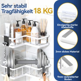 YASONIC Shower Shelf Corner, Shower Shelf No Drilling Bathroom Organiser, Thickened Shower Shelf No Drilling with Large Capacity, Shampoo Holder for Shower with 4 Removable Hooks, Pack of 3, White