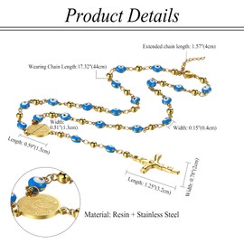 Flongo Evil Eye Rosary Necklace: Y Necklace with Cross Pendant Gold Evil Eye Colourful Stainless Steel Rosary Virgin Mary Catholic Religious Chain Women Men Catholicism Virgin Mary, Stainless Steel