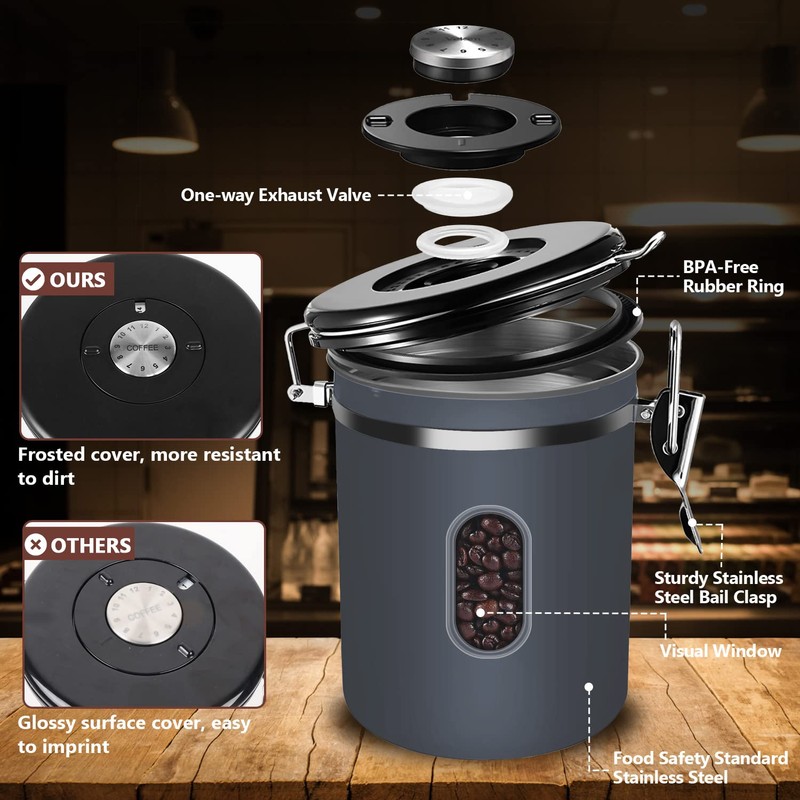 2800ML Airtight Coffee Canister with Date Tracker and Transparent Window,