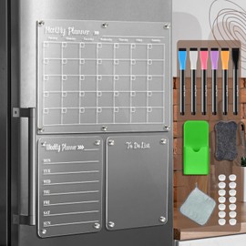 LCPCX Acrylic Magnetic Dry Erase Board for Fridge，Set of 3 Transparent Planning Boards for Monthly Calendar, Weekly Includes 6 Dry Erase Markers, 1 Eraser and Magnetic Pen Holder