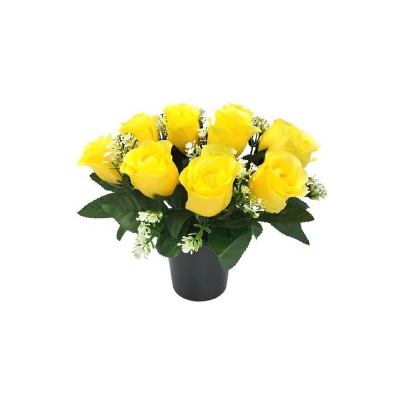 FSUK Grave Crem Pot Artificial Arrangement Yellow Roses Rosebuds for