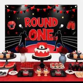 Wonmelody Boxing Theme 1st Birthday Party Decorations 5 * 3ft Round 1 Backdrop Banner Black Red Boxing Party Hanging Decor Fight Sports Wrestling Party Supplies for 1st Boxer Match Birthday Party