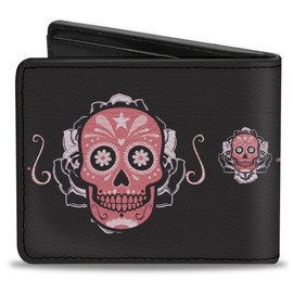 Wallet Bifold PU Sugar Skulls Gray Pink