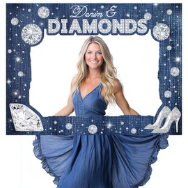Denim and Diamond Party Decoration Photo Booth, Denim and Diamond Photo Booth Prop Frame Navy Blue Silver Crystal Shoes Modern Luxury Sparkle Shining Decor for Women Bachelorette Birthday Party