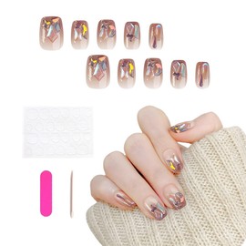 Auriselle Press on Nails Short Pack of 30 French False Almond Nails Artificial Pink Colour Gradient Soft Gel Nails with Design 3D Flower Diamonds Perfect for Manicure at Home