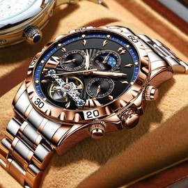 GLENAW Automatic Watches for Men, Men's Tourbillon Mechanical Watch Multifunction 24 Hour Date Day Rotating Flywheel Waterproof Watches for Men (Rose Gold Blue)