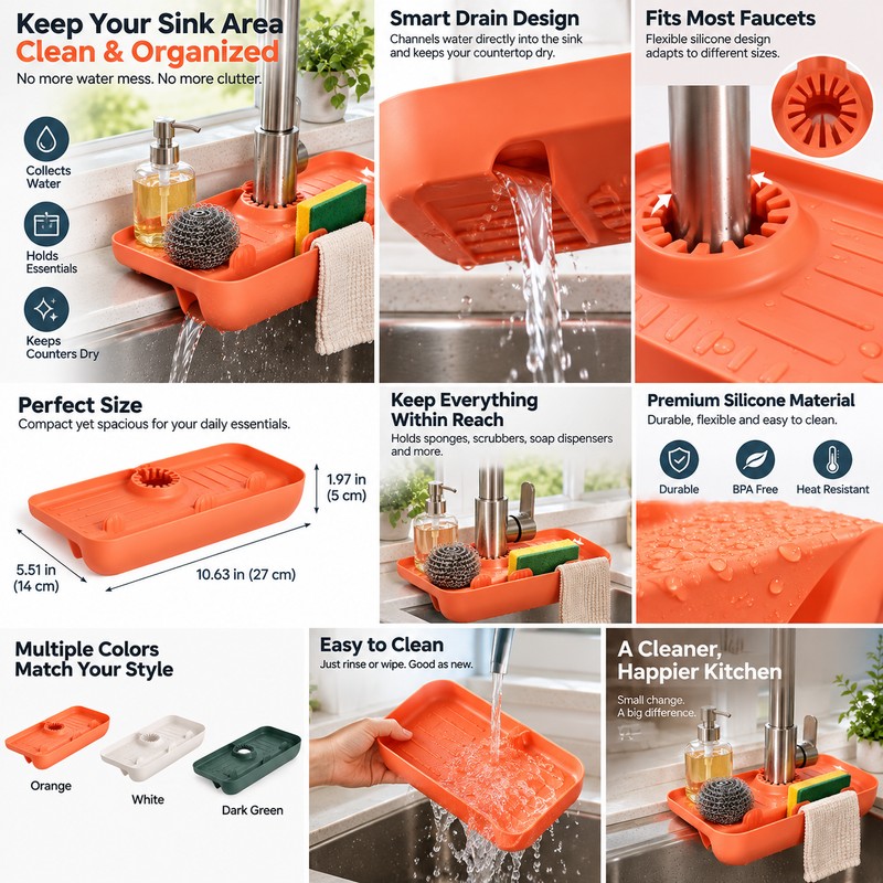 Silicone Sink Faucet Splash Guard with Drain Rack and Sponge