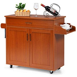 Giantex Kitchen Island, Rolling Kitchen Cart with Spice and Towel Rack, Large Drawer & 2-Door Storage Cabinet, Home Service Cart on Lockable Wheels, Wood Kitchen Trolley, Spacious Tabletop (Cherry)