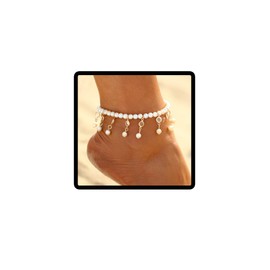 Prosy Beach Tasel Pearl Anklets Crystal ELASTIC CORD Ankle Bracelets Summer Foot Accessories Jewelry for Women and Girls (Gold)