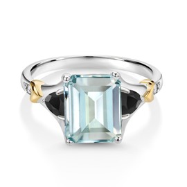 Gem Stone King 925 Silver and 10K Yellow Gold Sky Blue Simulated Aquamarine and Black Onyx and Diamond Engagement Ring For Women (4.49 Cttw, Emerald Cut 10X8MM, Trillion 3.5MM) (Size 7)