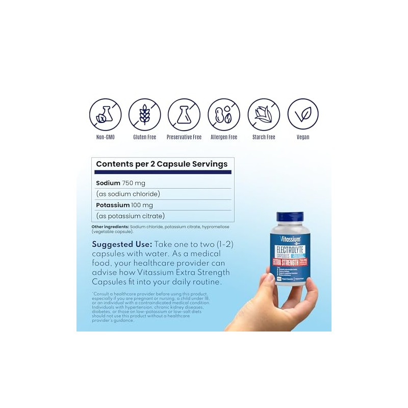 Vitassium- Cápsulas de Electrolitos Extra Fuertes, 750mg de Sodio para