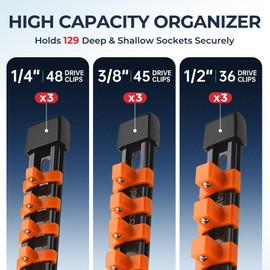 Reniteco 9-Piece Socket Organizer Set - 1/4-Inch x 48 Clips, 3/8-Inch x 45 Clips, 1/2-Inch x 36 Clips, Heavy Duty ABS Socket Holder, Premium Quality Socket Clip Rail Holder for Tool Box Drawer