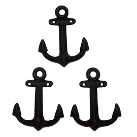 Wowser Nautical Cast Iron Ship Anchor Wall Hooks, 6 Inches, Set of 3 (Black)
