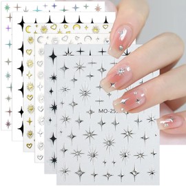 Shiny Crystal Heart Sun Moon Star Nail Stickers for Nail Art,6 Sheets Silver Gold Black Heart Sun Moon Stars Nail Decals 3D Self-Adhesive Nail Designs Sticker for Acrylic Natural Nail Decoration DIY