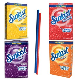 Sunkist Sugar Free drink Mix : Low Carb Zero Sugar Drink Mix - 4 boxes of 6 packs - Strawberry, Orange, Grape, Pinapple - Sugar Free Drink Mix - Keto Drink Mix Zero Guilt! Low Carb, Zero Sugar Drink Mix - Comes with 2 Paper Straws and 1 Exclusive PALiSOL