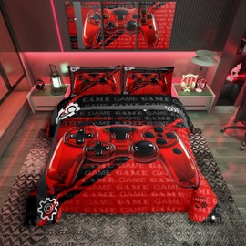 Feelyou Gamer Comforter Set Twin Size Game Controller Comforter for Kids Gaming Gifts Bedding Set Gamepad Red and Black Duvet Set Room Decor 2Pcs with 1 Pillow Case