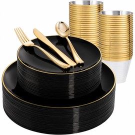 WDF 150PCS Black Plastic Plates - Black and Gold Plates Disposable - 25 Guest Disposable Dinnerware Sets for Party/Wedding/Graduation/Fathers Day Gatherings