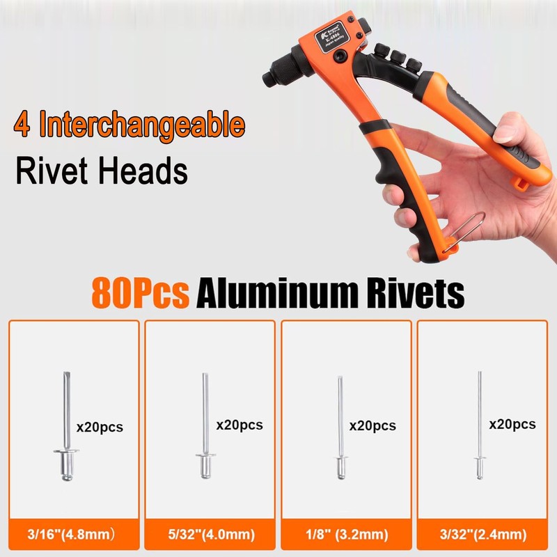 Manual Rivet Gun Kit with 80 Aluminium Rivets, Hand Riveter