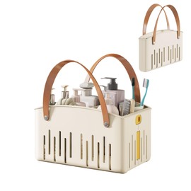 Portable Shower Caddy,Foldable Shower Caddy with Handle and Adjustable Divider,Plastic Shower Storage Basket,Quick Dry Bathroom Shower Organizer Bin for College,Dorm Room,Travel Essentials(Cream)