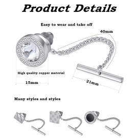 Ofeiyaa 9Pcs Tie Pins for Men With Chain Tie Tack Clutch for Wedding Meeting Party Business Jewelry Black Silver Gold Tone