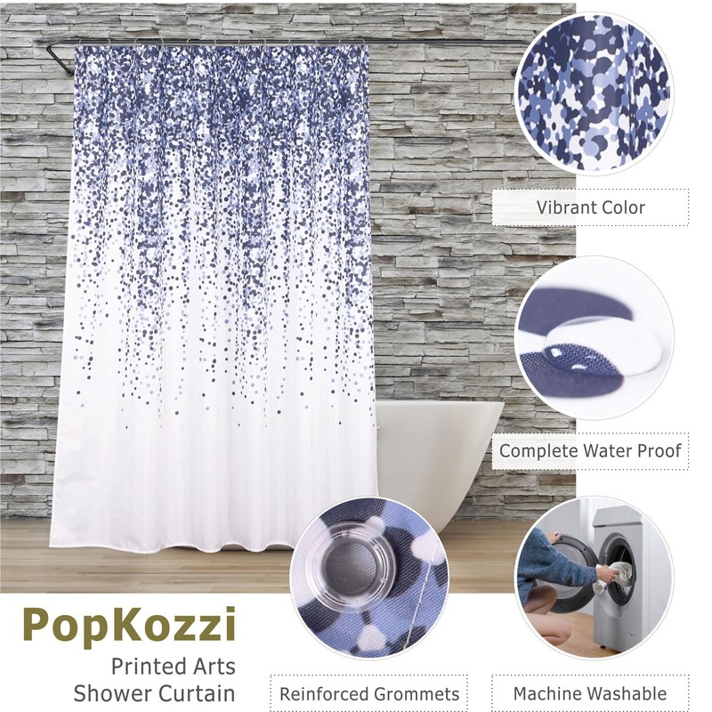 Popkozzi Blue Dots Shower Curtain Set White Waterproof Washable Weighted