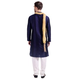 Maple Clothing - Pijama Kurta para hombre, poliéster, seda, india, para boda, fiesta, ropa, Azul con bufanda, Small