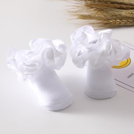 TEROTY 3D Girls Ruffle Lace Cotton Socks,Cute Double Big Lace White Frilly Princess Dress Socks for Toddler Little Girls (UK, Age, 1 Year, 3 Years, Regular, Standard, White)
