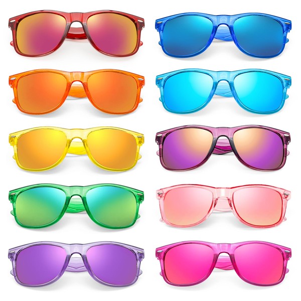 SUNOVELTIES 10 Pack Colored Sunglasses Clear Neon Frame Mirrored Lens