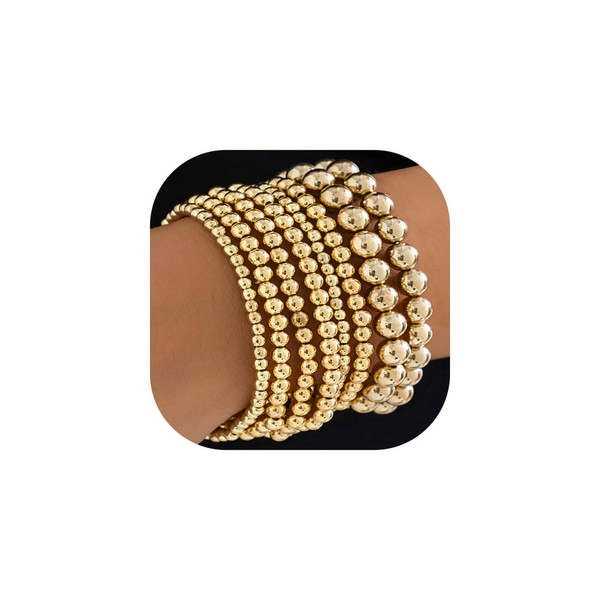 LXSSLY 8Pcs Gold Bead Bracelets Set for Women,14K Gold Plated